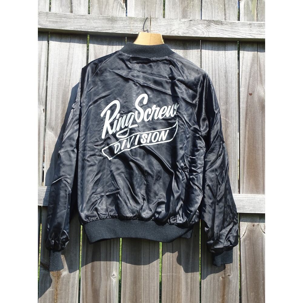 Vintage King Louie Pro Fit XL Black Satin Bomber Jacket Ring Screw 90s Workwear